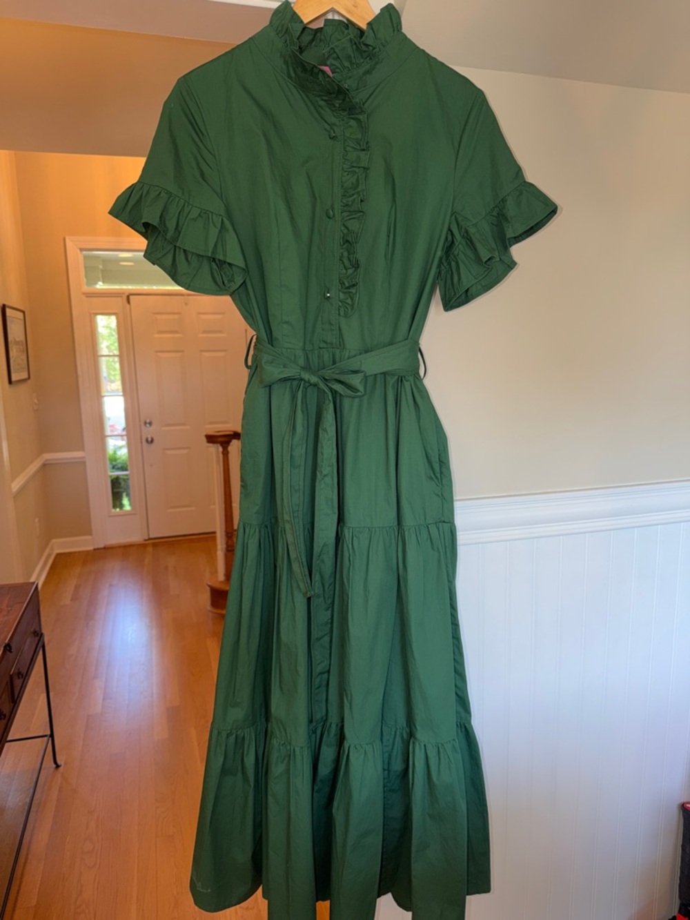 Sincerely Ours-Ruffled Short-Sleeve Hunter Green Maxi Dress with Tie Waist
